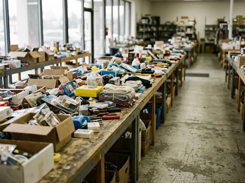 Bin store sales floor tables filled with assorted liquidation merchandise for resale