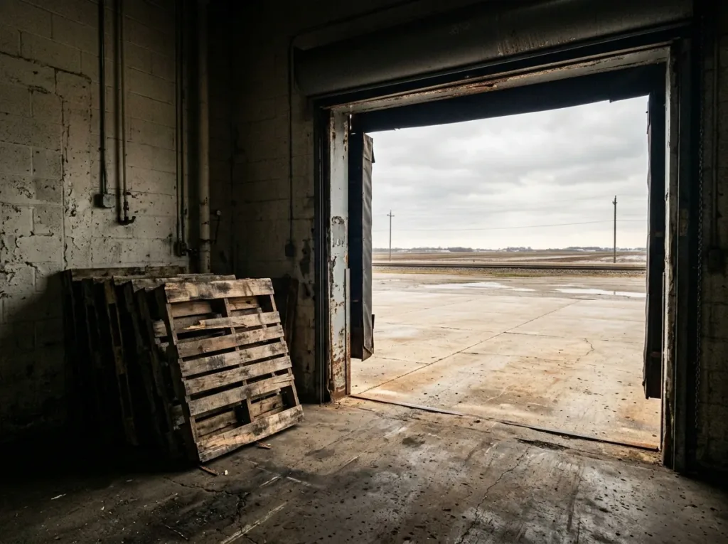 Open warehouse dock door with a stack of empty wooden pallets in the foreground