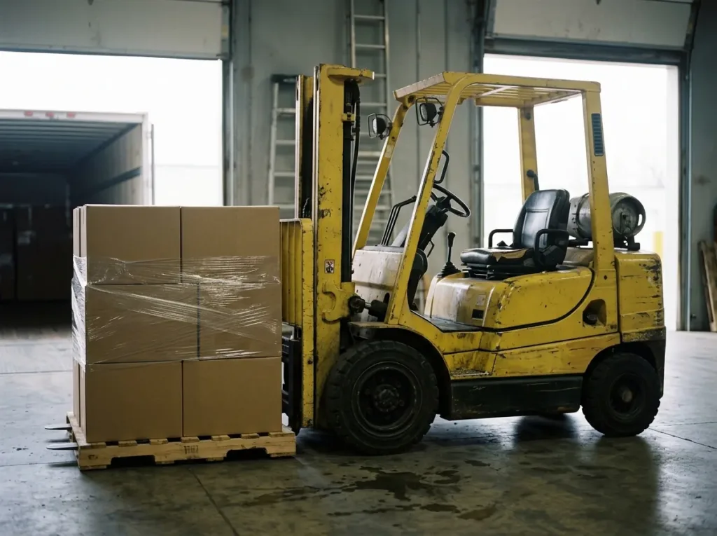 Warehouse forklift beside a wrapped pallet of cartons at an open dock door