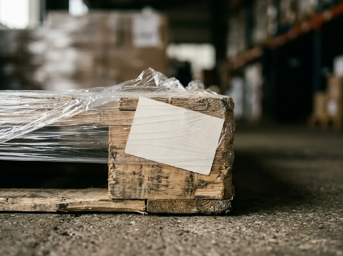 Close view of a wrapped liquidation pallet corner on a warehouse floor